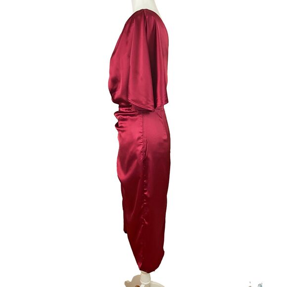 Cupshe Ramla 1-Shoulder Sheath Dress Size S Burgundy Satin Tulip Hem Pleated NWT - Picture 3 of 8